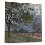 Side view of a large abstract acrylic glass print featuring Alfred Sisley's impressionist artwork.