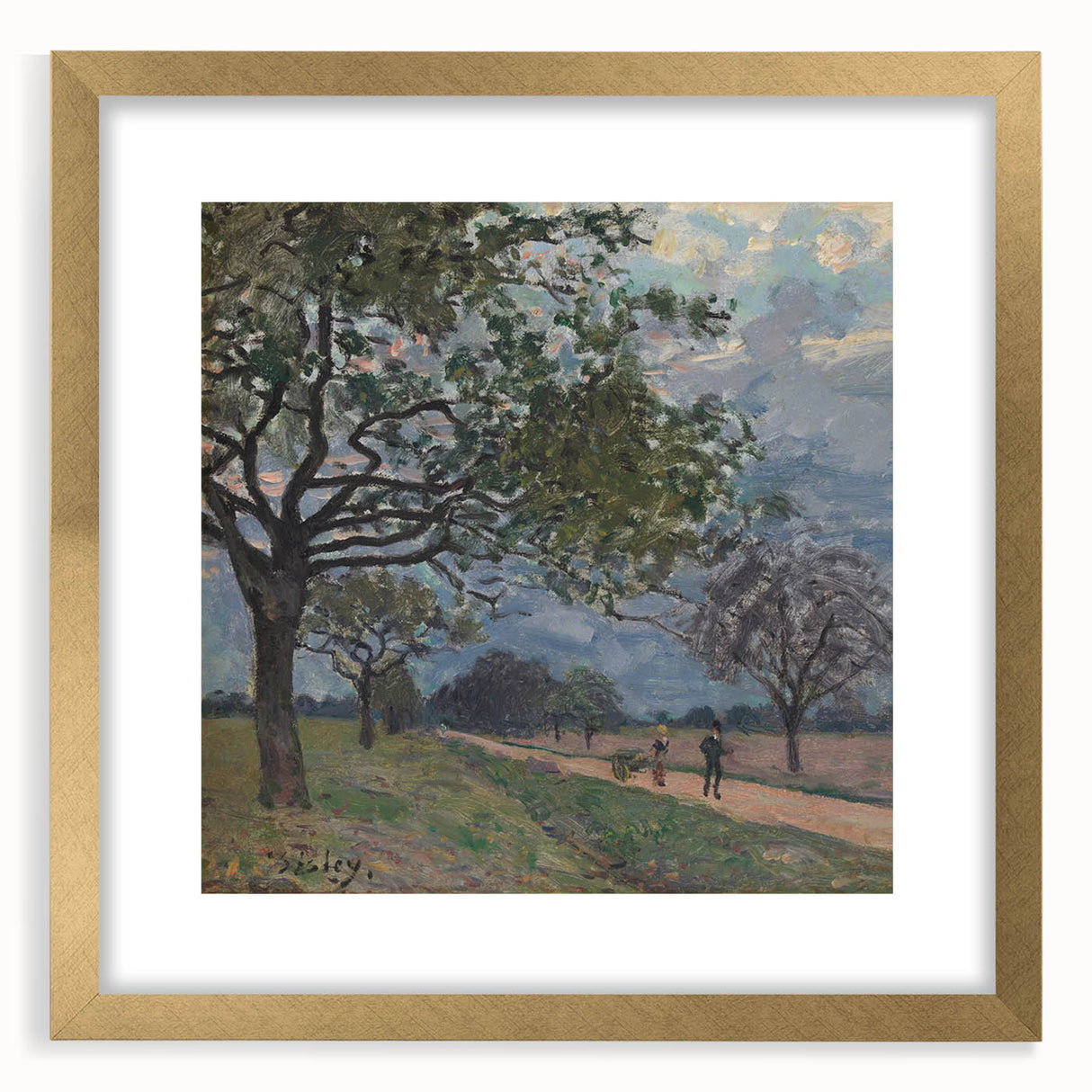 Extra large abstract art print featuring textured brush strokes in muted earth tones, framed in gold.