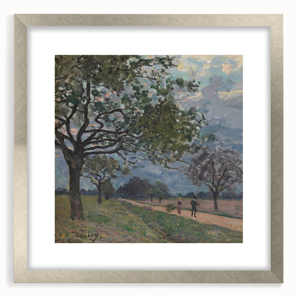 Textured art print of a serene landscape by Alfred Sisley, featuring soft pastel tones, framed in silver.