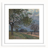 Abstract art print of a serene river landscape in soft blue and green hues, framed with a white mat.