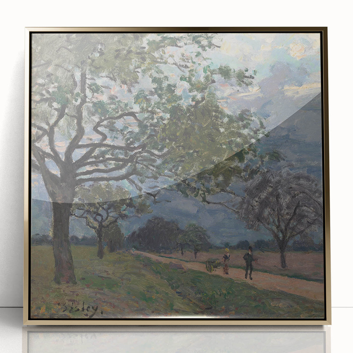 Alfred Sisley-inspired mid-century modernist landscape on a large acrylic print, framed in gold.