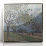 Mid-century modernist art by Alfred Sisley, featuring a serene landscape in soft green and blue tones, silver-framed acrylic.