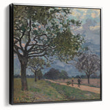 Black and white framed canvas featuring a vintage landscape painting, ideal for bedroom wall decor.
