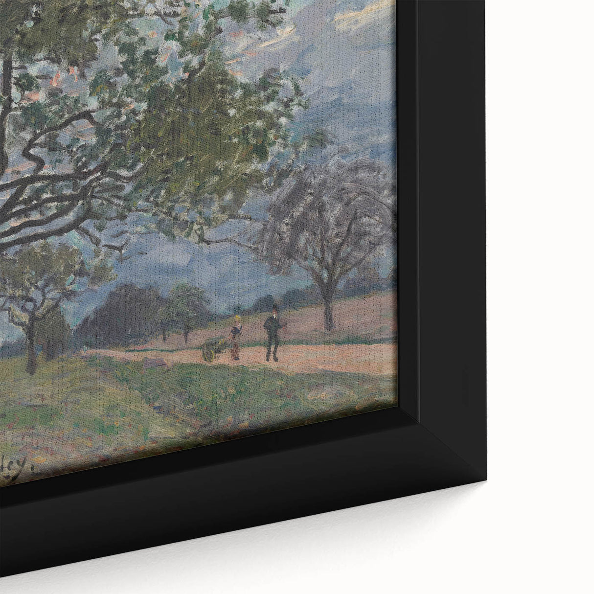 Close-up of Alfred Sisley-inspired black wall art on framed canvas featuring colorful, textured brushstrokes.