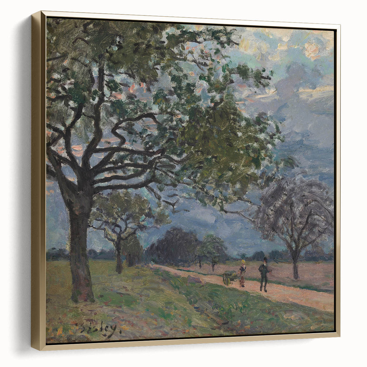 Framed canvas featuring Alfred Sisley's landscape painting in muted earth tones, ideal for bedroom wall art.