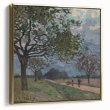 Framed canvas featuring Alfred Sisley's landscape painting in muted earth tones, ideal for bedroom wall art.