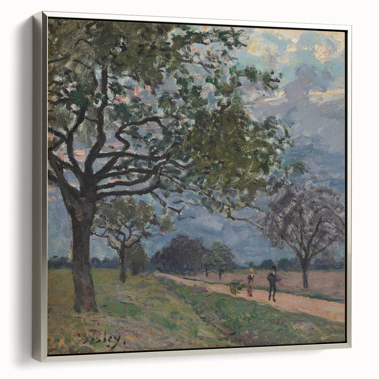 Landscape art painting by Alfred Sisley, featuring serene river scene in muted colors, displayed in a silver frame.