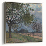 Landscape art painting by Alfred Sisley, featuring serene river scene in muted colors, displayed in a silver frame.