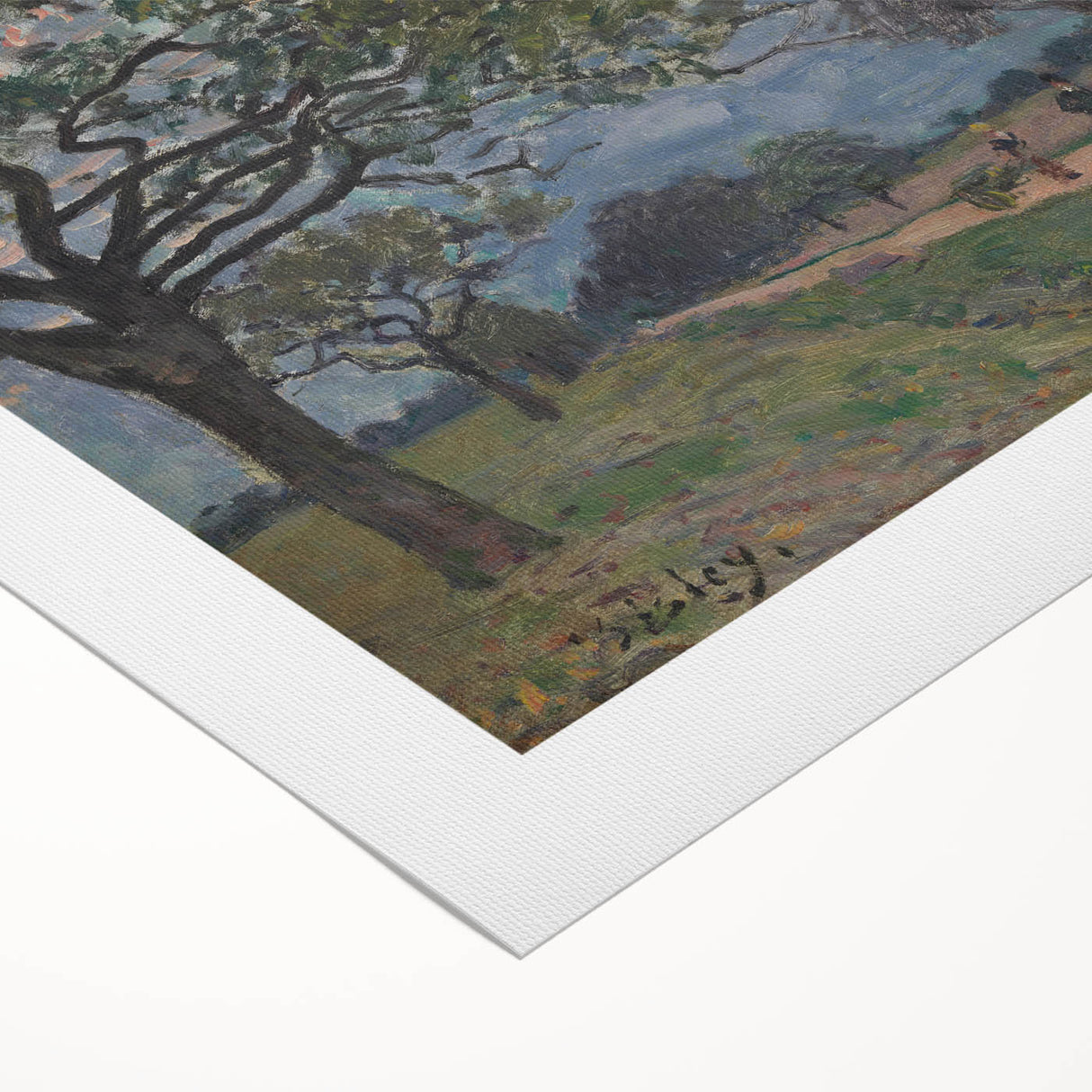 Art deco poster featuring an Alfred Sisley design on a rolled canvas, with muted earth tones, ideal for dining room wall art.