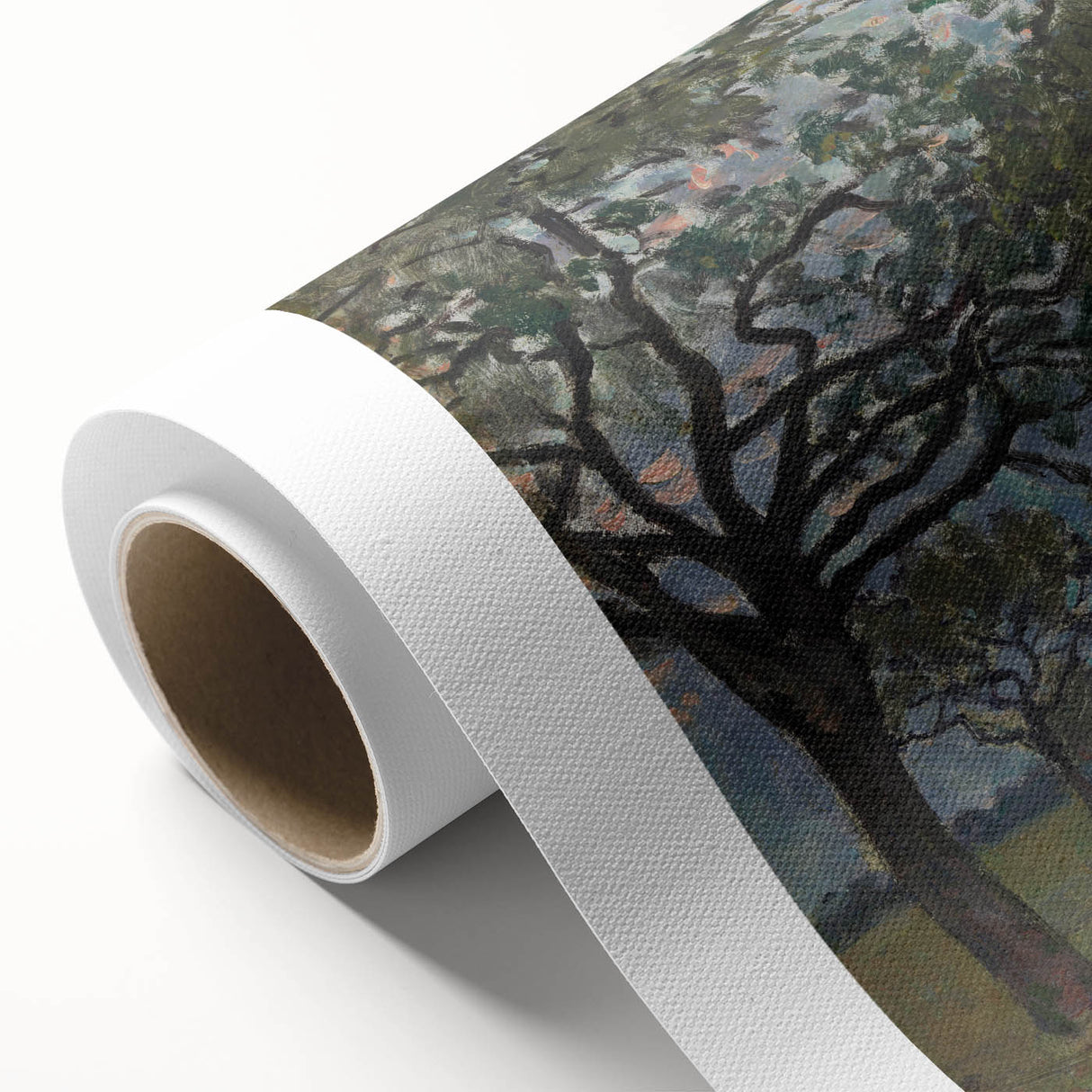 Art Deco style poster of a tranquil river scene, in soft blue and green shades, printed on rolled canvas.