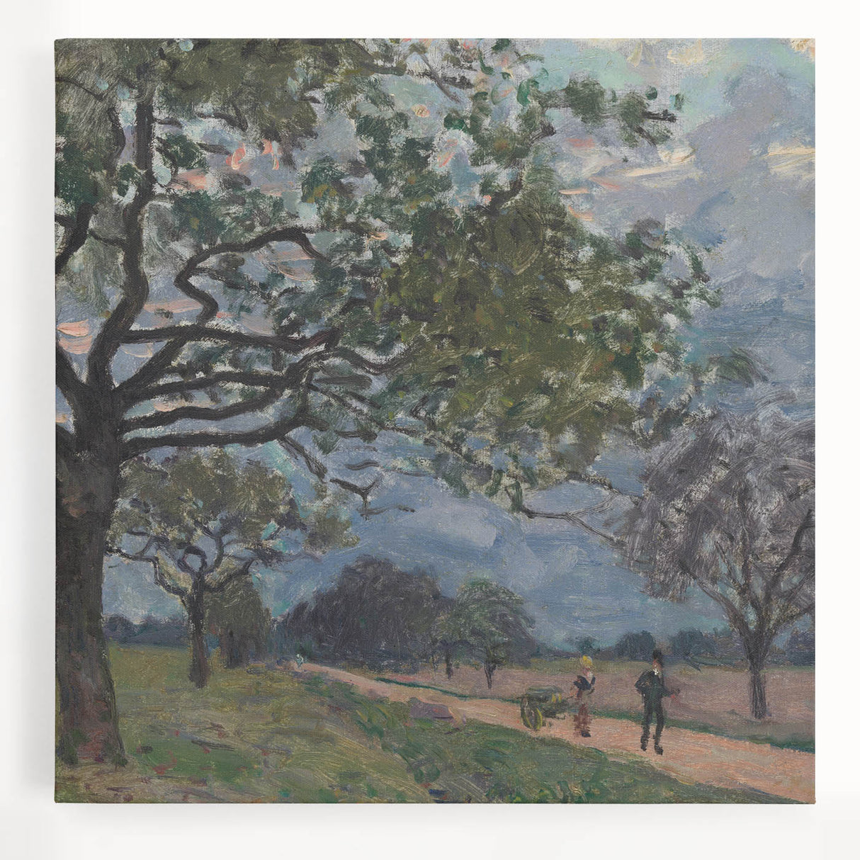 Black and white painting of a serene landscape on stretched canvas, ideal for kitchen wall art.