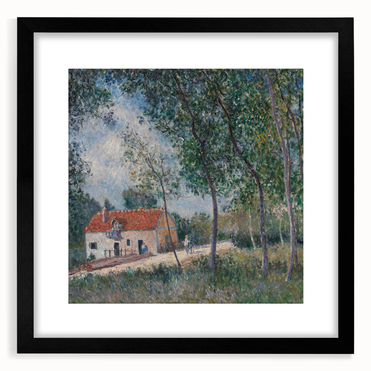 Colorful abstract art print featuring textured brush strokes in vibrant hues on a large black-framed canvas.