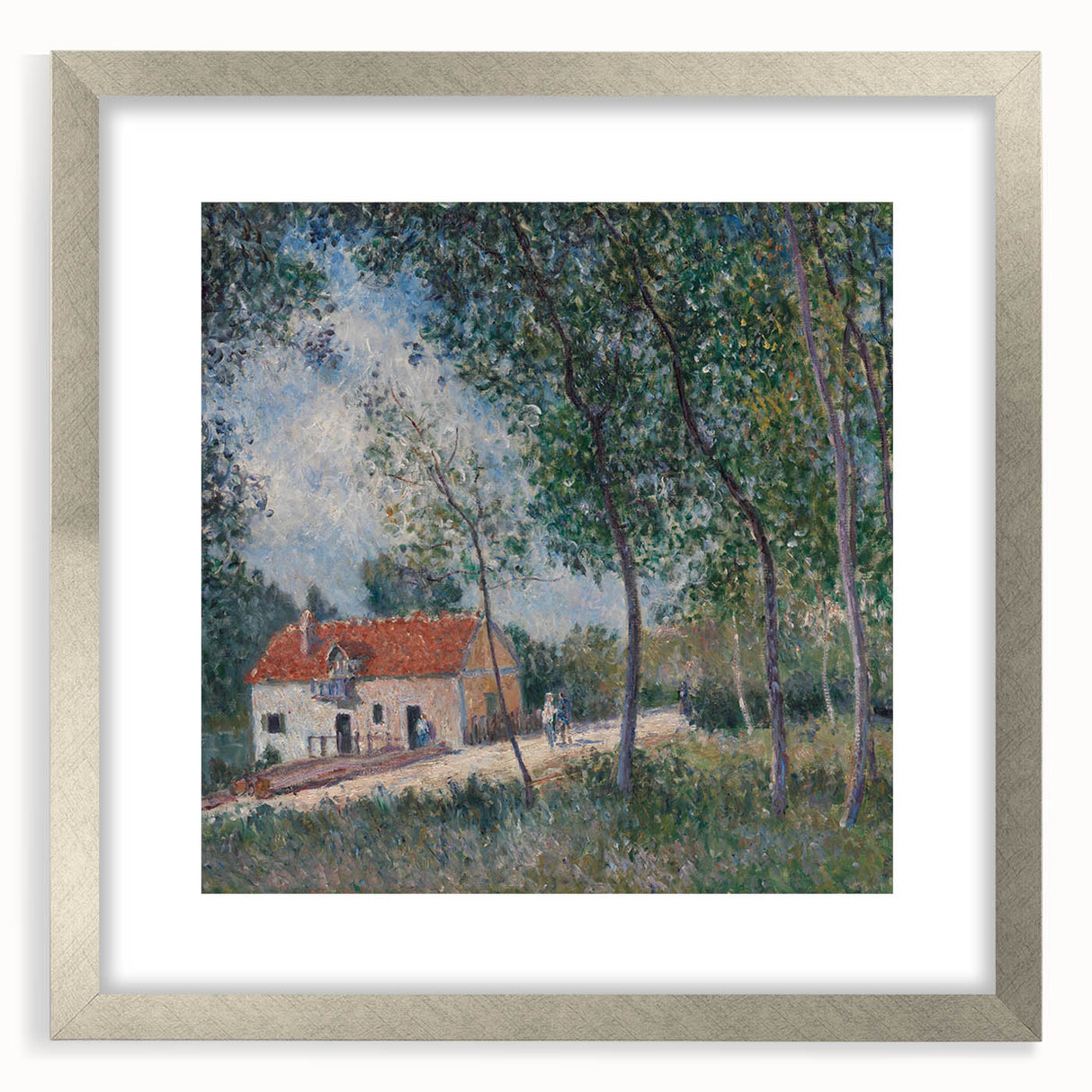 Textured art print of an abstract landscape in soft gray and blue tones, framed with a silver mat.
