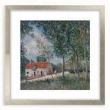 Textured art print of an abstract landscape in soft gray and blue tones, framed with a silver mat.