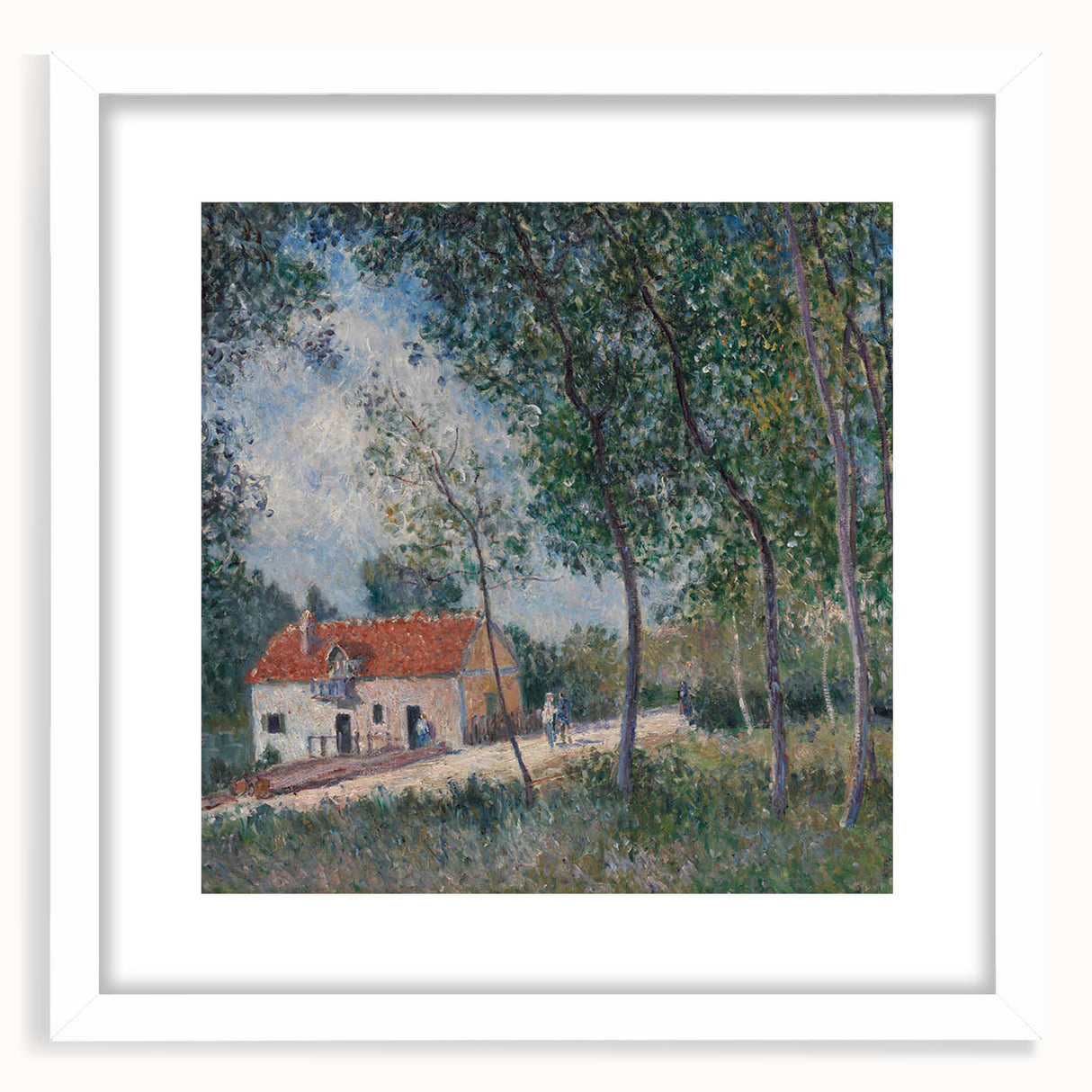 Abstract art print of a serene landscape in muted greens and blues, framed in white.