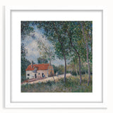 Abstract art print of a serene landscape in muted greens and blues, framed in white.