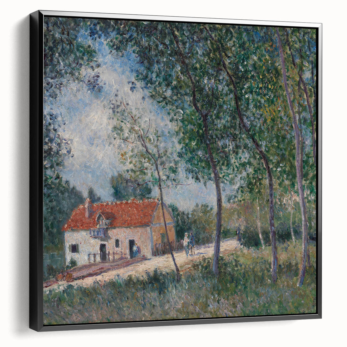 Black and white framed canvas of a vintage landscape painting, ideal for bedroom wall art.