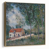 Framed canvas of Alfred Sisley's landscape painting in muted earth tones, ideal for bedroom wall art.