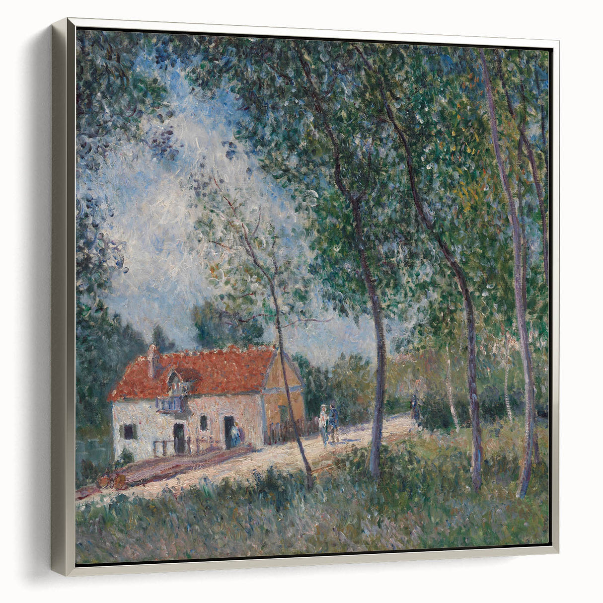 Framed canvas featuring a landscape art painting by Alfred Sisley with colorful trees and river, ideal for living room decor.