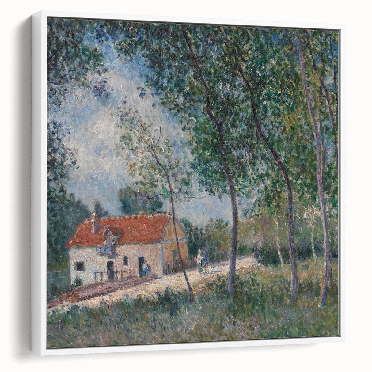 Vintage poster art of a colorful Alfred Sisley landscape on a large framed canvas, ideal for living room decor.