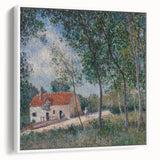 Vintage poster art of a colorful Alfred Sisley landscape on a large framed canvas, ideal for living room decor.