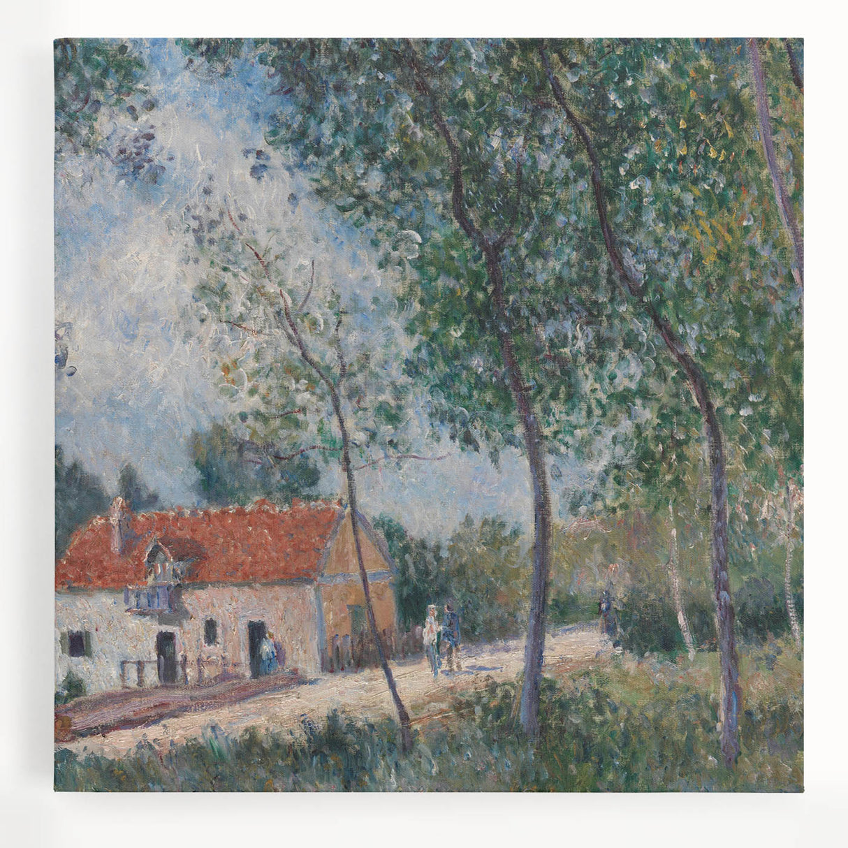 Black and white print of an Alfred Sisley painting on stretched canvas, ideal for kitchen wall art.