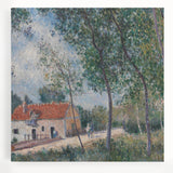 Black and white print of an Alfred Sisley painting on stretched canvas, ideal for kitchen wall art.