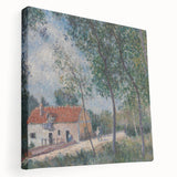 Side view of a stretched canvas featuring Alfred Sisley's impressionist landscape, with muted earth tones.