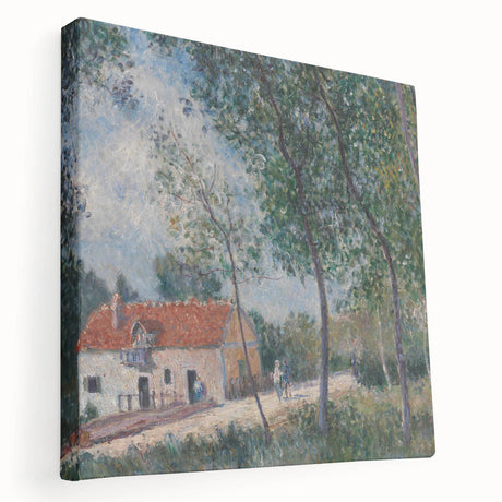 Side view of a stretched canvas featuring Alfred Sisley's impressionist landscape, with muted earth tones.