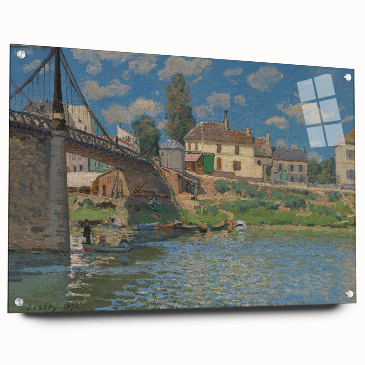 Acrylic print of Alfred Sisley's abstract landscape in cool blue and green shades, ideal for bedroom or dining room decor.
