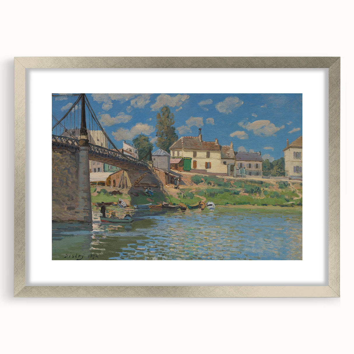 Textured art print of an abstract landscape in soft blues and greens on a silver-framed mat, ideal for bedroom wall decor.