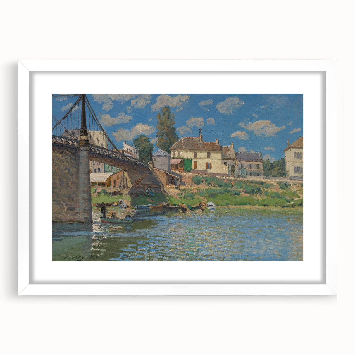 Abstract art print of a serene landscape in soft blues and greens, framed in white, ideal for bedroom or dining room decor.