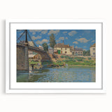 Abstract art print of a serene landscape in soft blues and greens, framed in white, ideal for bedroom or dining room decor.
