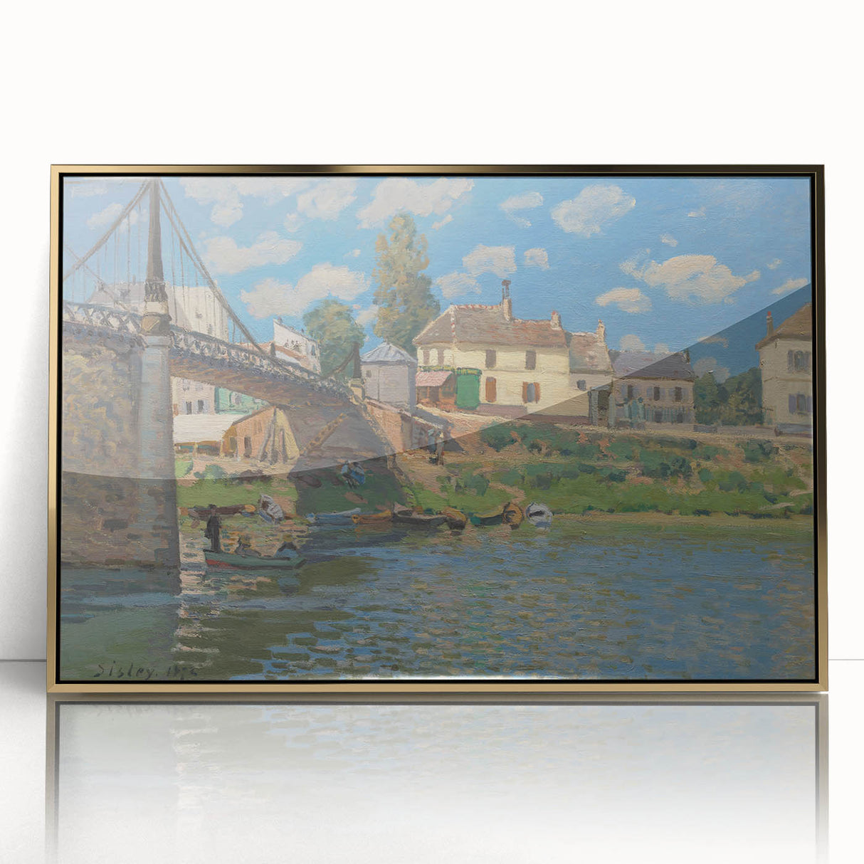 Acrylic print of Alfred Sisley's river landscape in muted earth tones, framed in gold, suitable for modern art wall decor.