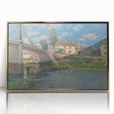 Acrylic print of Alfred Sisley's river landscape in muted earth tones, framed in gold, suitable for modern art wall decor.