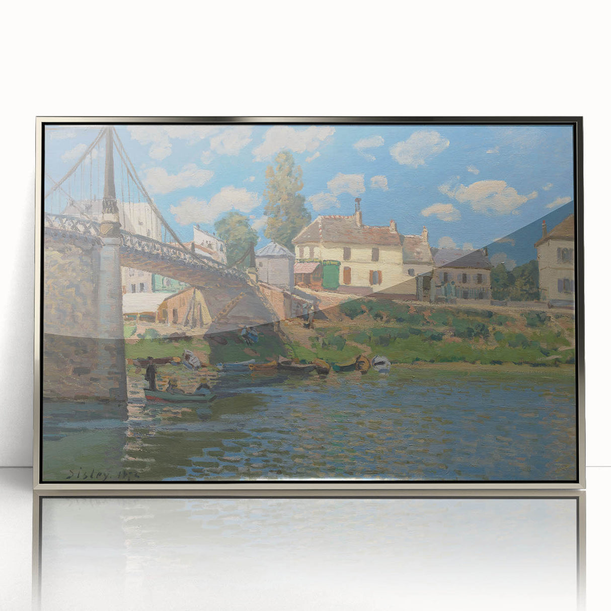 Mid-century modernist art depicting a serene river landscape in soft blue and green tones, framed in silver acrylic.