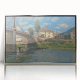 Mid-century modernist art depicting a serene river landscape in soft blue and green tones, framed in silver acrylic.