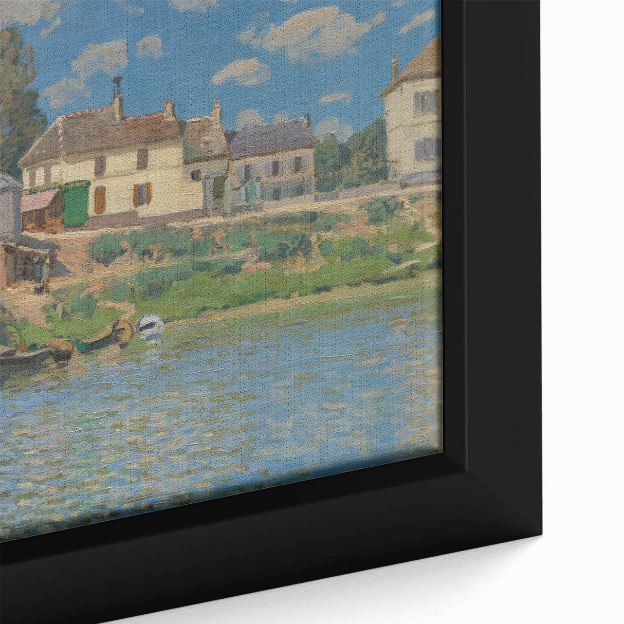 Close-up of a textured Alfred Sisley painting on black framed canvas, featuring a blend of vibrant colors.