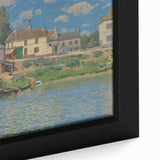 Close-up of a textured Alfred Sisley painting on black framed canvas, featuring a blend of vibrant colors.