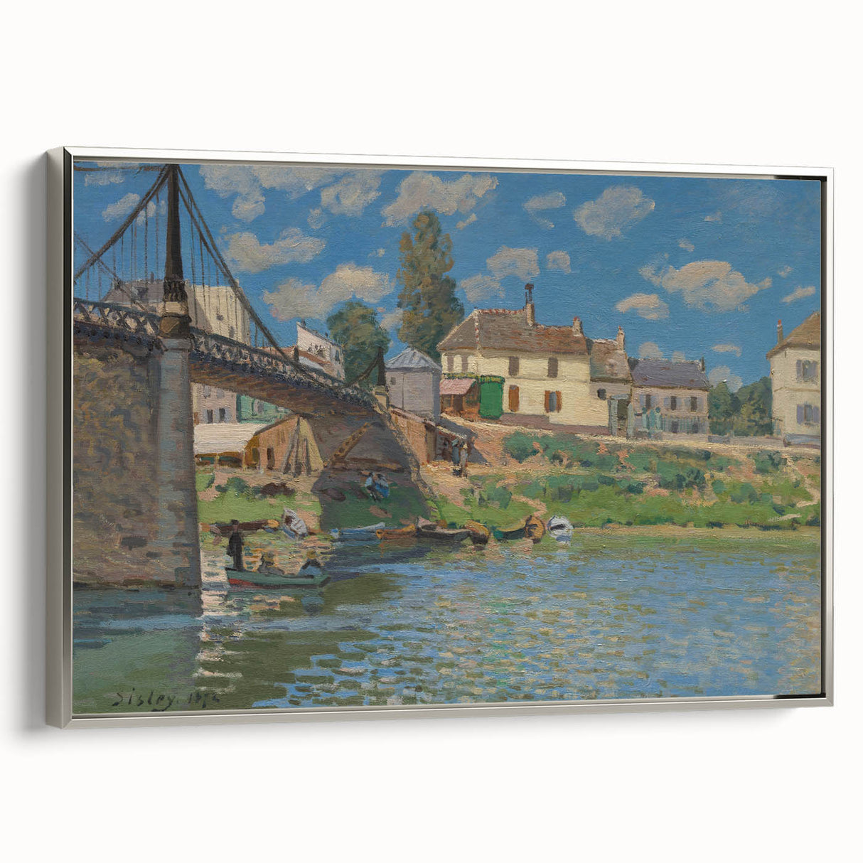 A framed canvas featuring Alfred Sisley's landscape painting with colorful trees and a river, ideal for living room decor.