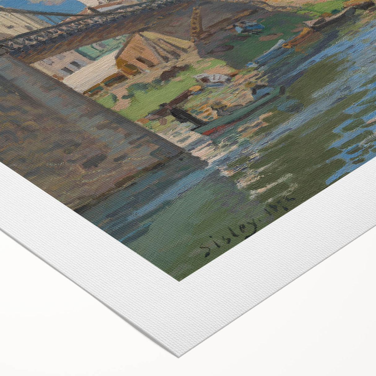 Art deco poster featuring a serene river landscape in soft blue and green tones, printed on rolled canvas.