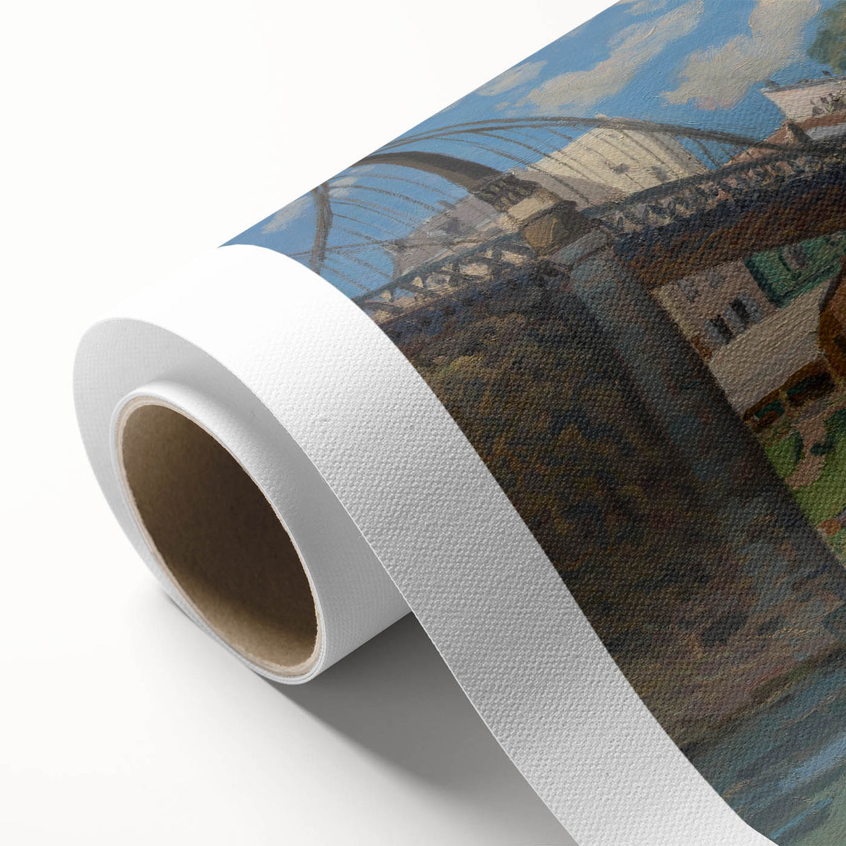 Art deco poster of a serene river scene in pastel shades on rolled canvas.
