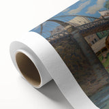 Art deco poster of a serene river scene in pastel shades on rolled canvas.