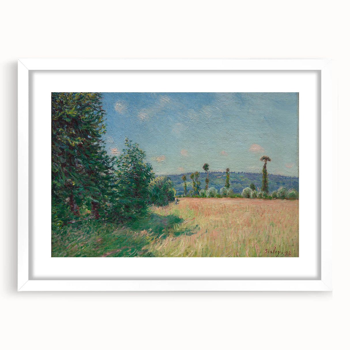 Abstract art print of a river scene in muted blues and greens, framed in white, suitable for dining room decor.