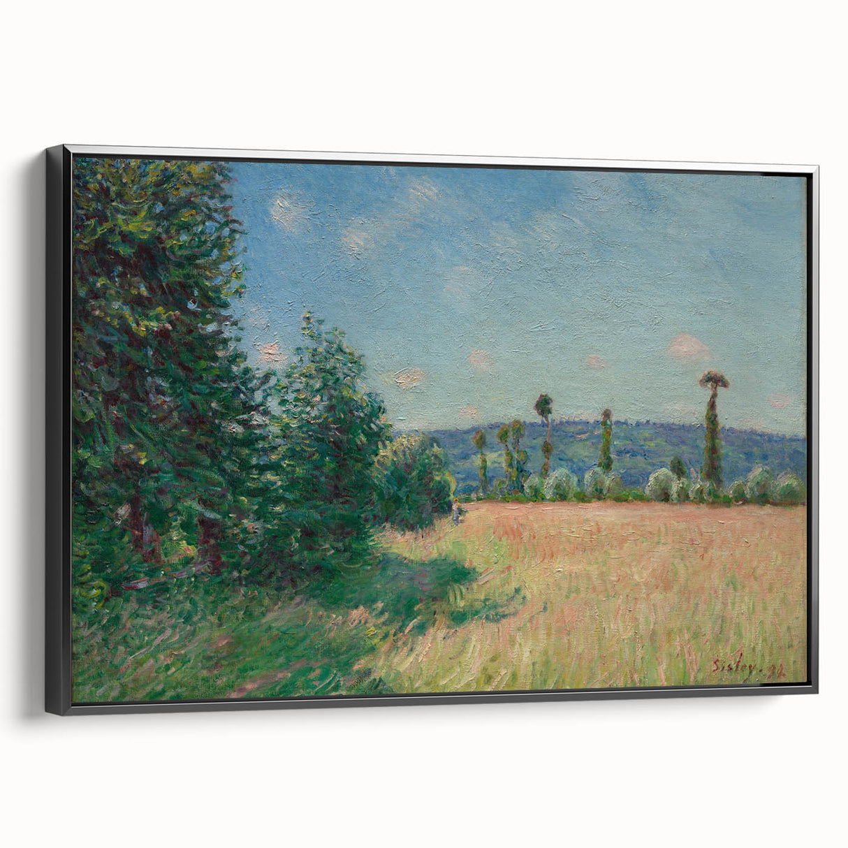 Black and white framed canvas featuring a vintage landscape painting, ideal for bedroom wall art.