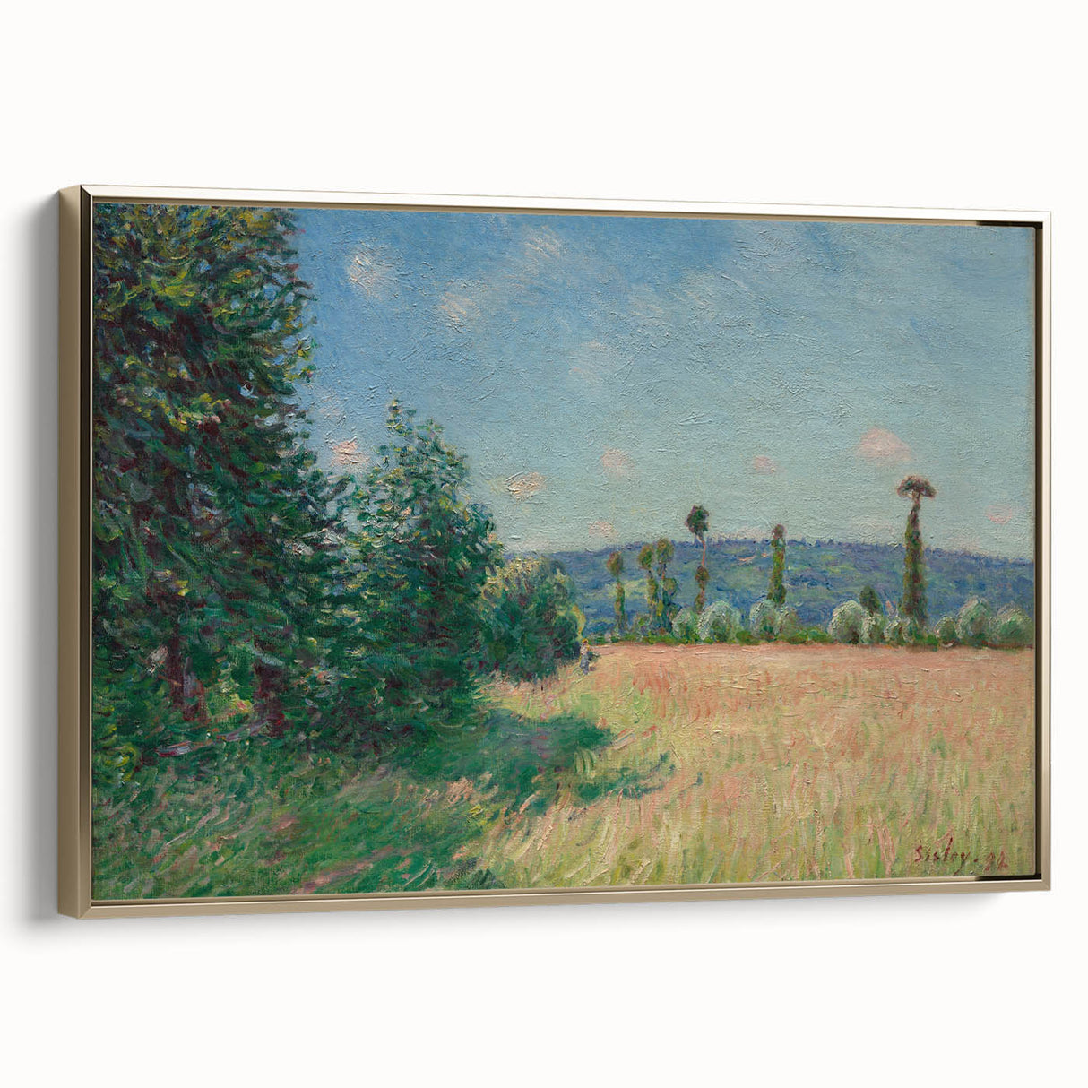 Framed canvas of Alfred Sisley's landscape painting in muted earth tones, ideal for bedroom wall art.