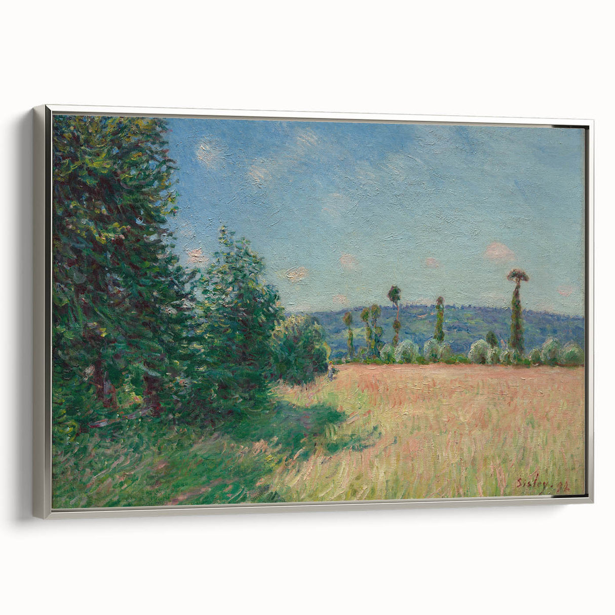 Framed canvas featuring Alfred Sisley's landscape art painting with colorful trees and river, ideal for living room decor.
