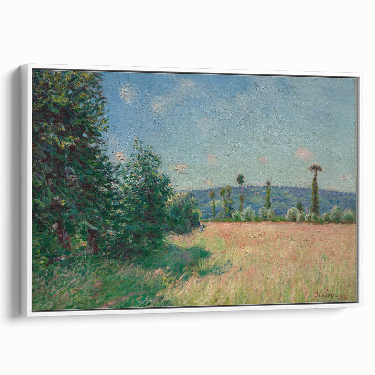 Vintage poster art of a colorful Alfred Sisley painting on extra large framed canvas, suitable for living room decor.