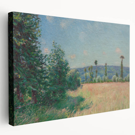 Side view of a stretched canvas featuring Alfred Sisley’s impressionist landscape in soft earth tones.