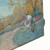 Large abstract wall art by Alfred Sisley featuring blue and green hues on acrylic glass, ideal for dining room ambiance.